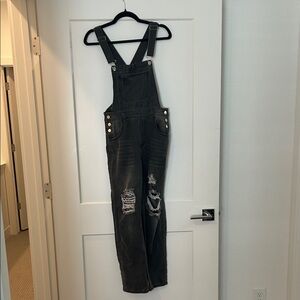 Black Distressed Denim Overalls